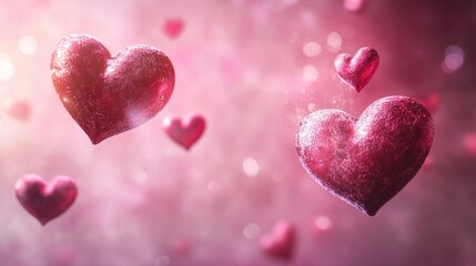 Obraz premium Colorful Floating Hearts on a Soft Pink Background for Love Themes