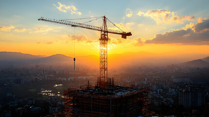Construction Crane Builds Urban Skyline at Sunset