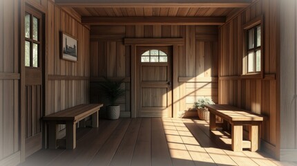 Sunlit Wooden Entryway With Benches And Plants