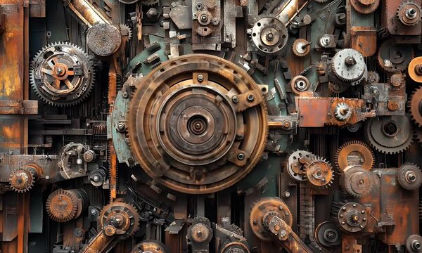 A complex arrangement of rusty gears and machinery, showcasing industrial design and mechanics.