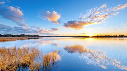 Fototapeta premium Serene sunset reflecting on calm lake water with reeds.