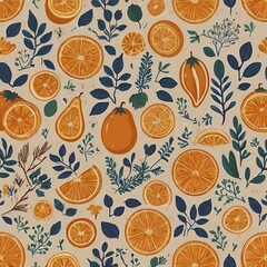 seamless pattern with oranges and leaves