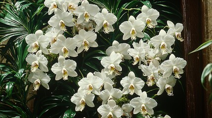 shot of orchids growing alongside a plantation of economic plants like hemp or tobacco, illustrating the integration of ornamental and commercially significant crops. [Orchid]:[Economic plants] 