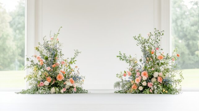 A white wall with two flower arrangements on it