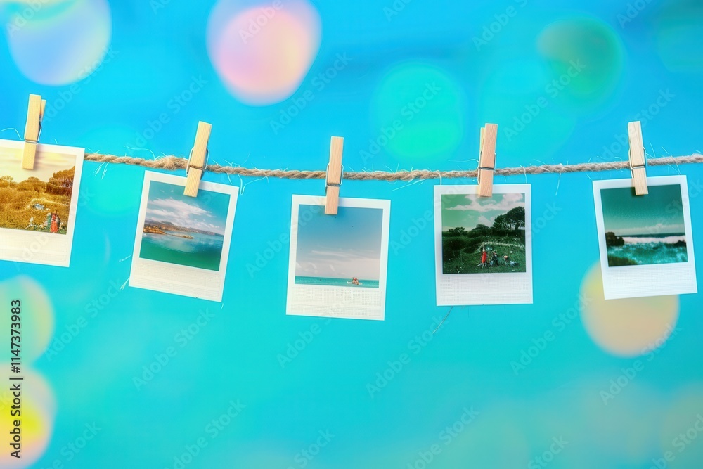 Leinwandbilder polaroid photos displayed on a string with clothespins showcasing memories against a colorful backdr