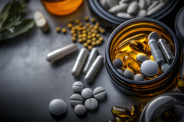 Various medications, medicines, syrups, and tablets on an apothecary table close up background..