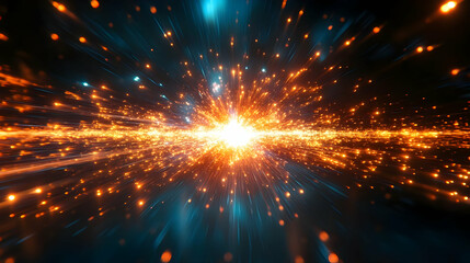 Light Explodes in Space with Orange and Blue Particles Dynamically
