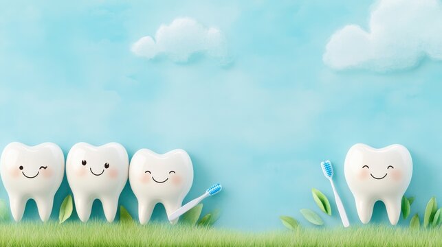 Cute illustrated teeth with happy faces and a toothbrush, promoting oral hygiene for National Children’s Dental Health Month.