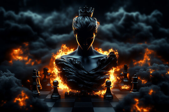 Girl in fire, chess queen in black smoke and flames with various chess pieces around background.