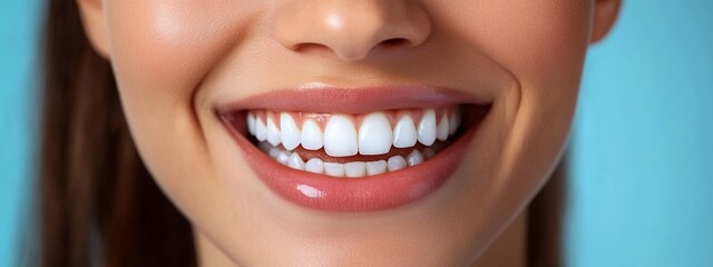Naklejka premium Close-up of a woman's bright, healthy smile against a light blue background.