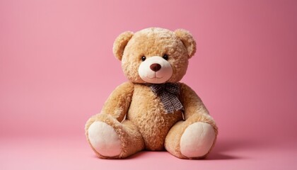 Obraz premium Big cute teddy bear on the left side isolated on a pink background