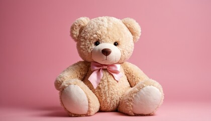 Obraz premium Big cute teddy bear on the left side isolated on a pink background