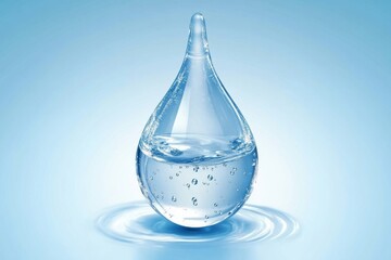 A Crystal Clear Water Droplet with Bubbles Floating on a Calm Surface Reflecting Light Against a Soft Blue Background