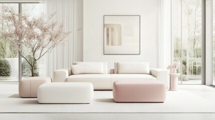 Fototapeta premium Minimalist living room with white and pale rose furniture. Featuring a clean, bright layout with minimal decoration
