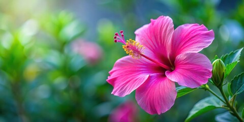 Fototapeta premium Vibrant pink hibiscus (Chinese rose) flower in bloom , Tropical, flora, nature, exotic, garden, petals, blossoming