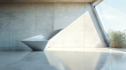 A modern, minimalist interior showcasing unique geometric design and natural light through large windows.