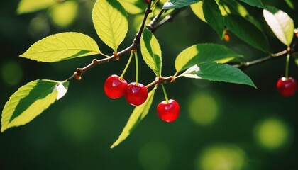 Ripe cherry on a green branch in sunlight