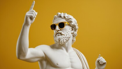 Ancient Greek god white sculpture wearing sunglasses in solid yellow background