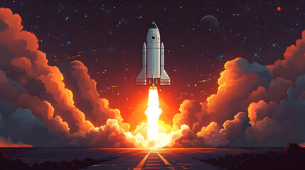 Rocket Launches into Space through Clouds at Sunset