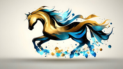 Obraz premium Golden Horse Runs with Blue and Gold Mane Flowing