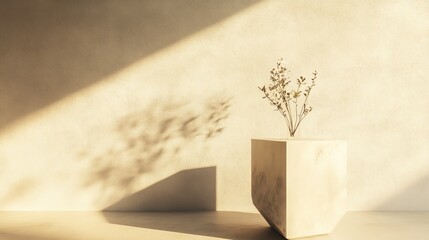A minimalist vase with dried flowers casting shadows on a textured wall in soft, warm lighting.