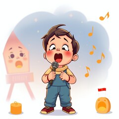 cartoon boy singing into a microphone with music notes around him.