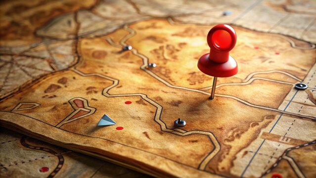 Scavenger hunt map with red pin, searching for hidden clue on treasure map, scavenger hunt, map, , treasure, hidden clue