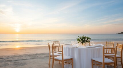 A beach setting with a table and chairs set up for a dinner party