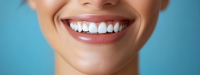 Obraz premium Close-up of a woman's bright, healthy smile against a blue background.
