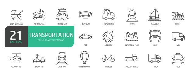 Transportation line icon set. The set contains icons as Truck, Car, Sailboat, Yacht, Plane, Scooter, Bus, Bicycle.
