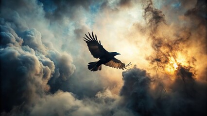 Fototapeta premium Silhouette of a flying raven in clouds of smoke , bird, black, wings, spread, flying, sky, mystical, dark, creepy, spooky