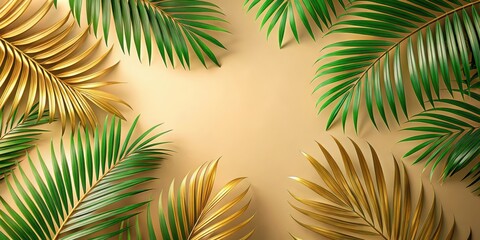 Golden and green palm leaves on a beige background, tropical, exotic, vibrant, nature, foliage, palm tree, botanical