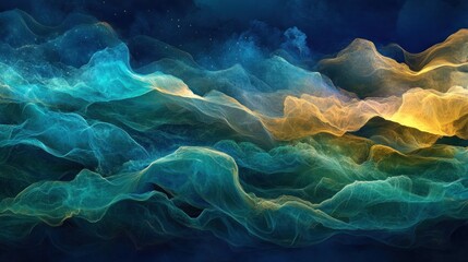 Abstract cosmic landscape with teal, gold, and blue nebula clouds.