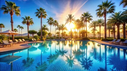Sunny American holiday resort with palm trees and a shimmering pool, palms, resort, holiday, getaway, poolside