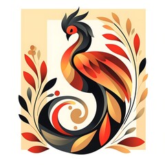 Obraz premium Stylized Phoenix Bird Illustration with Abstract Floral Design.