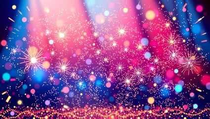 Fototapeta premium A vibrant, colorful festive background featuring a blend of blue and pink hues with glowing bokeh lights, radiant fireworks, sparkling stars, and snowflakes. 