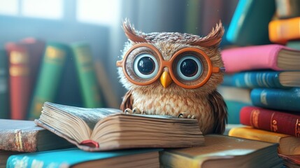 Cute cartoon owl wearing glasses reading a book surrounded by stacks of books.