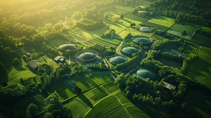 Fototapeta premium Aerial View of Biogas Digesters Integrated into Lush Green Agricultural Landscape