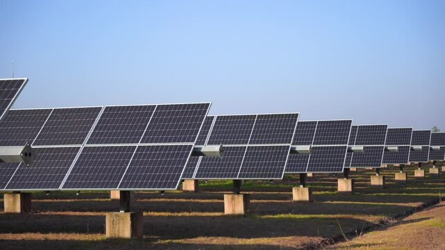 Solar power plant(solar cell) on summer season, hot climate causes increased power production, Alternative energy to conserve the world's energy, Photovoltaic module idea for clean energy production.
