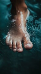 Fototapeta premium Close-up of a wet, bare foot stepping into calm water, capturing the essence of summer and relaxation.