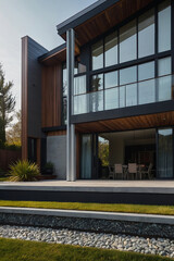 Obraz premium Modern house with dark exterior, large windows, wooden accents, and a patio. Landscaping includes grass and gravel retaining wall. The house exhibits a contemporary architectural style.