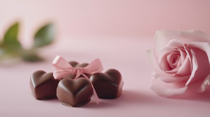 Delicious Heart-Shaped Chocolate Treats with Rose on Pink Background