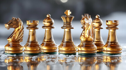 Golden Chess Pieces Reflect on Icy Surface with Winter Theme