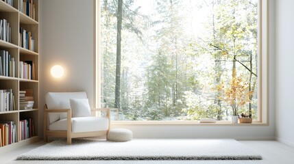 Fototapeta premium Modern minimalist reading nook with a white armchair and wooden bookshelf next to a large picture window overlooking a sunny forest.