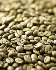 Freshly Harvested Green Coffee Beans Close-Up, Showing Unique Texture and Natural Colors, Ideal for Coffee Enthusiasts and Roasting Exports