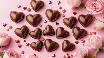 Fototapeta premium Delicious Chocolate Hearts Surrounded by Pink Roses and Glittering Hearts