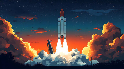 Rocket Launches into Colorful Sunset Sky with Clouds