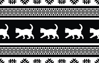 Cat pattern. Seamless. White stripes, colorful background. Ethnicity. Floral patterns, printed fabrics, pants, Lanna.	