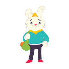 Cute cartoon bunny with a backpack, smiling and ready for school, perfect for education themes.