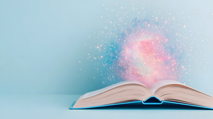 minimalist design of open book revealing galaxy